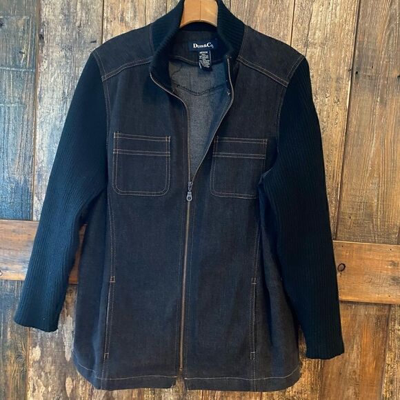 Denim & Co. M Black Denim Sweater Sleeves Full Zip Up Pockets Shacket - Picture 3 of 10